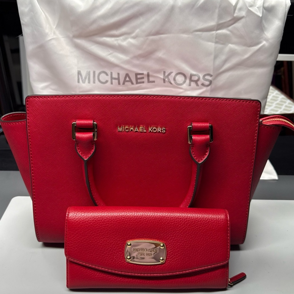 Michael Kors Red Satchel Top Handle Bag & Strap Wallet Set Gold Hardware